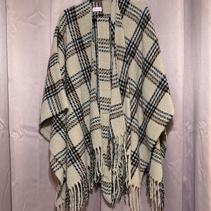 Pink Lily Beige Plaid Fringe Poncho Cape